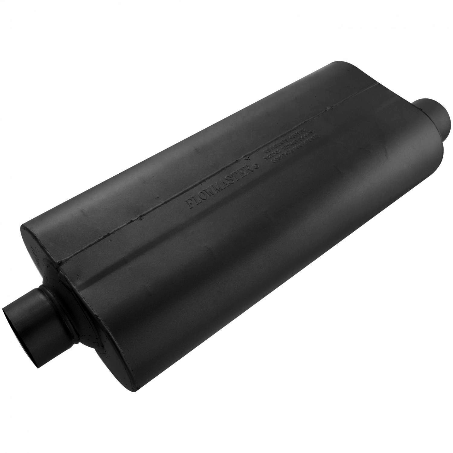 Flowmaster 53072 70 Series Hi-Performance Muffler with 3 Inch Center Inlet and 3 Inch Offset Outlet, 22x10x5 Inch Oval Steel Body, Black Finish