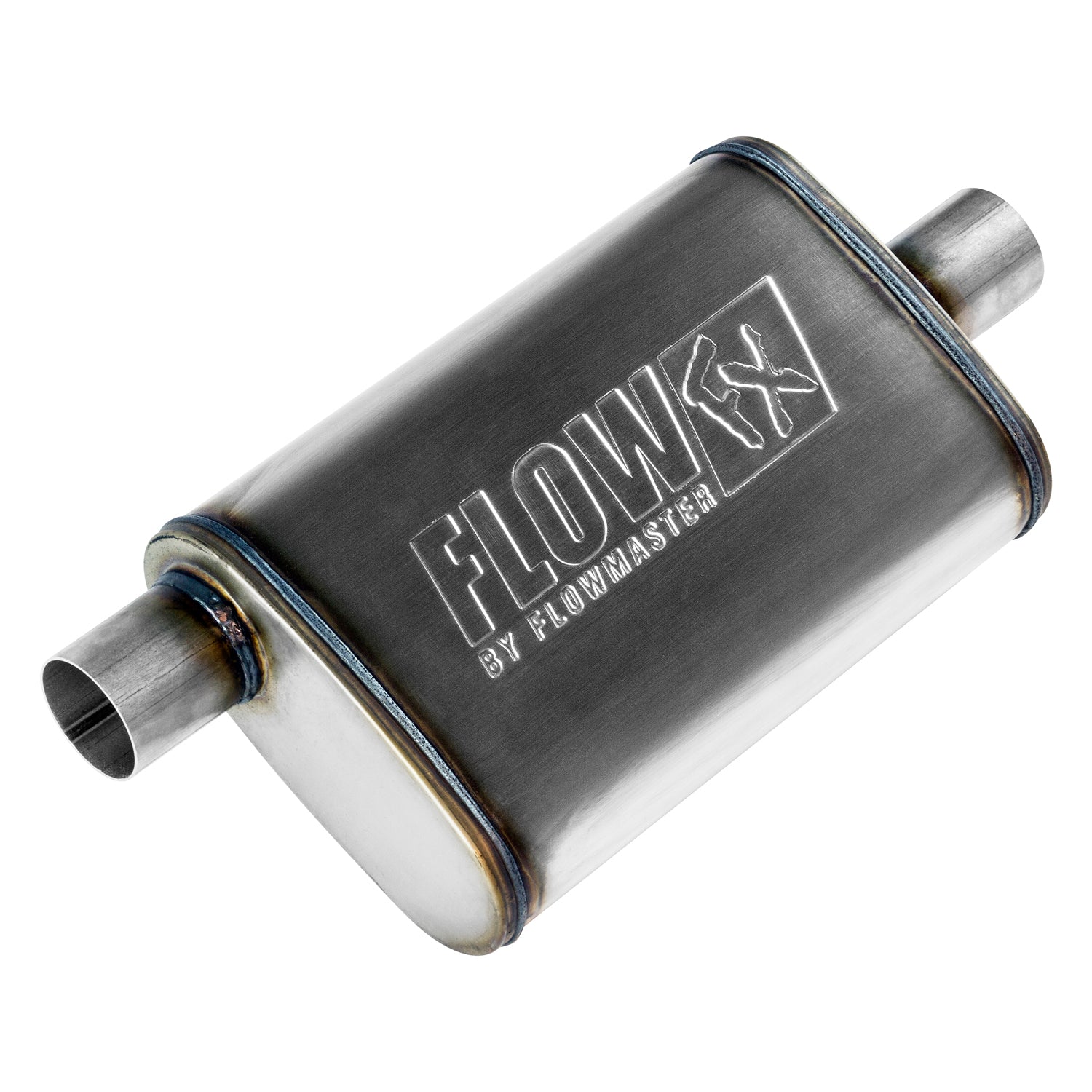 Flowmaster FlowFX Muffler 71225 with 2.25 Inch Offset Inlet and Center Outlet, 14 x 9 x 4 Inch Oval Stainless Body
