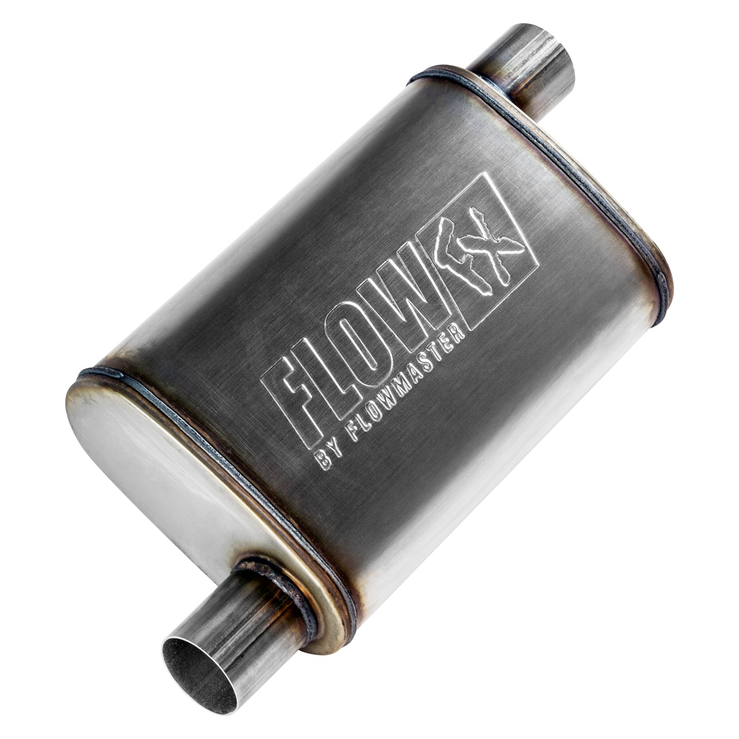 Flowmaster FlowFX Muffler 71235 with 2.25 Inch Offset Inlet and Outlet, Reversible Stainless Steel Oval Body