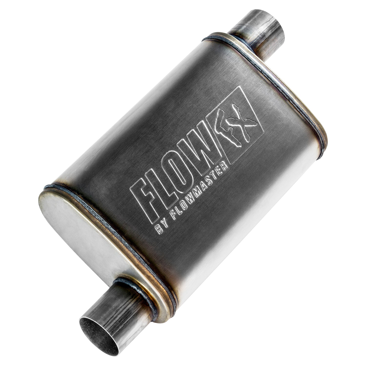 Flowmaster FlowFX Muffler 71236 with 2.5 Inch Offset Inlet and Outlet, 14x9x4 Inch Oval Stainless Steel Body, Reversible Design