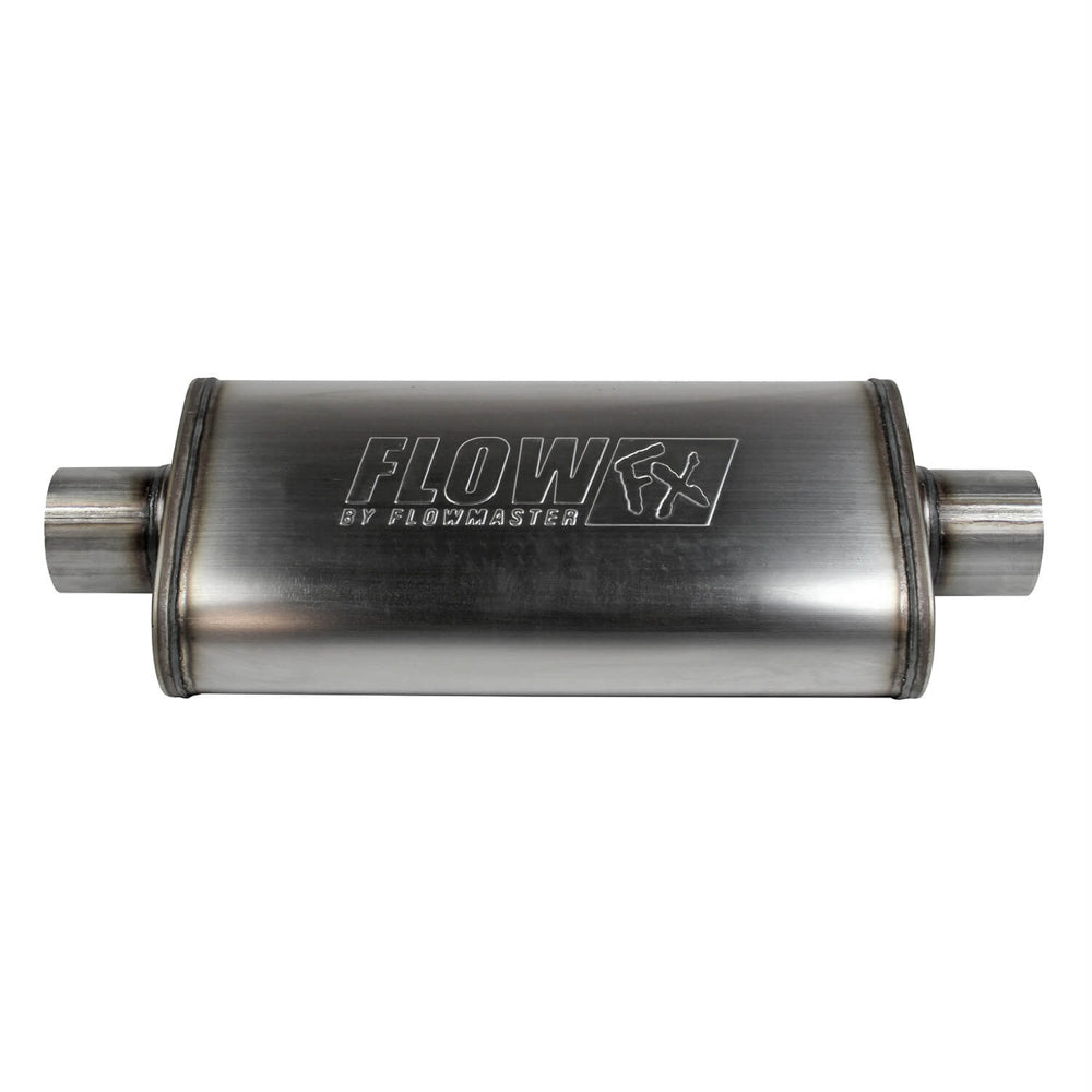 Flowmaster FlowFX Muffler 71249 with 3 Inch Center Inlet and Outlet, 18 x 9 x 4 Inch Oval Body, Reversible, Stainless Steel