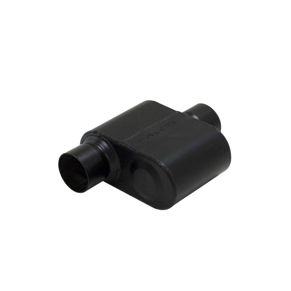 Flowmaster Super 10 Muffler Part Number 843016, 3 Inch Offset Inlet and Center Outlet, Stainless Steel with Black Finish