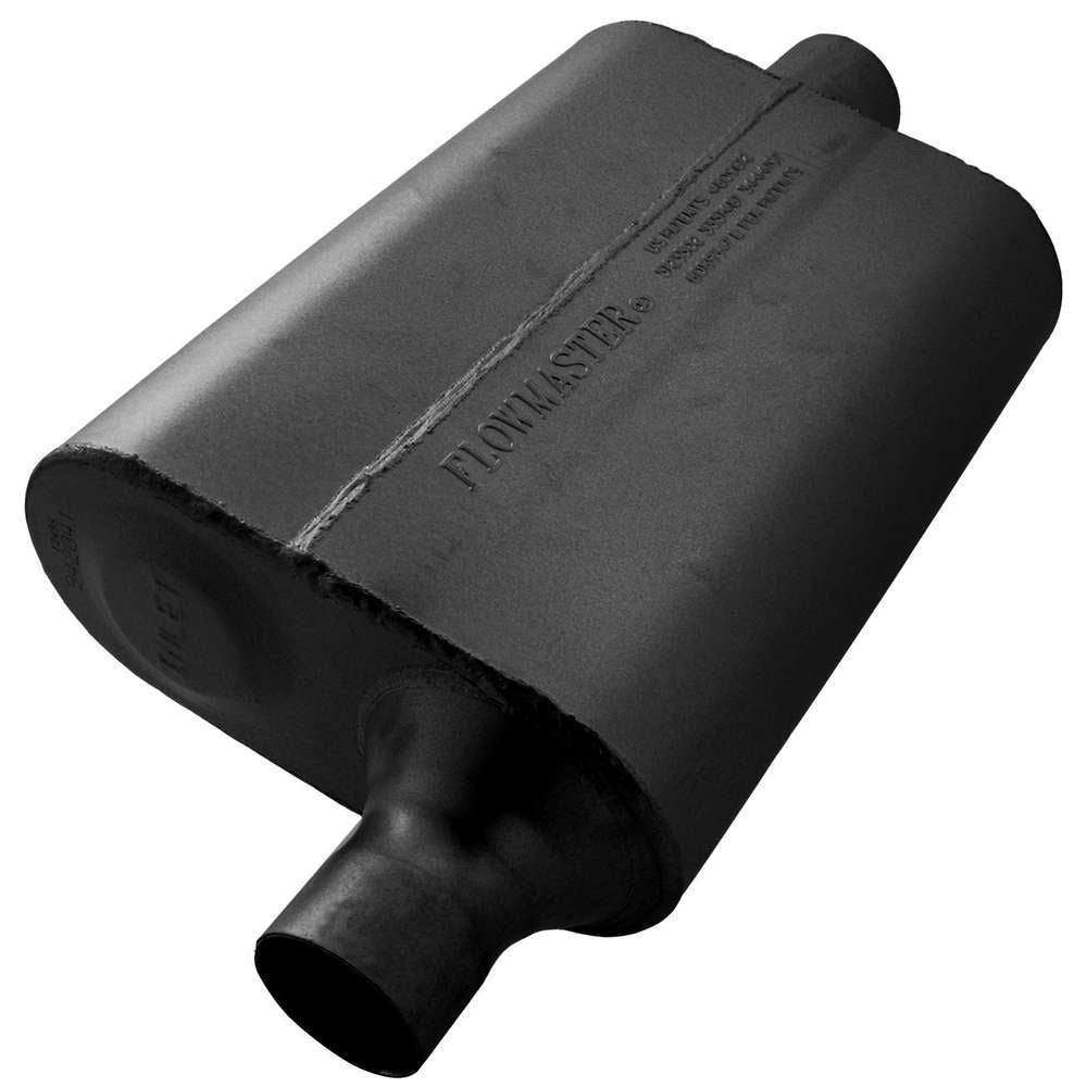 Flowmaster 942041 40 Series Delta Flow Muffler with 2 Inch Offset Inlet and Center Outlet, 13x9.75x4 Inch Oval Steel Body, Black Finish