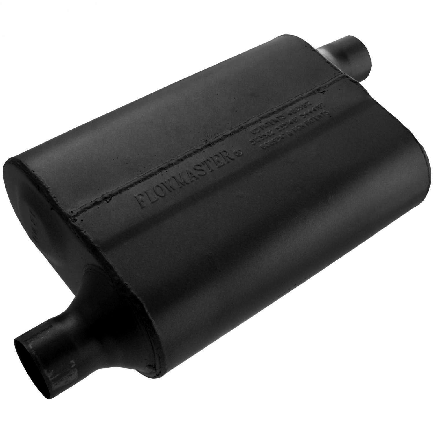 Flowmaster 942043 40 Series Delta Flow Muffler with 2 Inch Offset Inlet and Outlet, 13 x 9.75 x 4 Inch Oval Steel Body, Black Finish