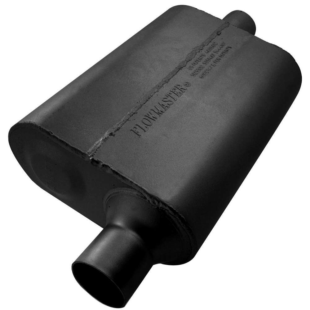 Flowmaster 942441 40 Series Delta Flow Muffler with 2.25 Inch Offset Inlet and Center Outlet, Oval Steel Body, Black Finish