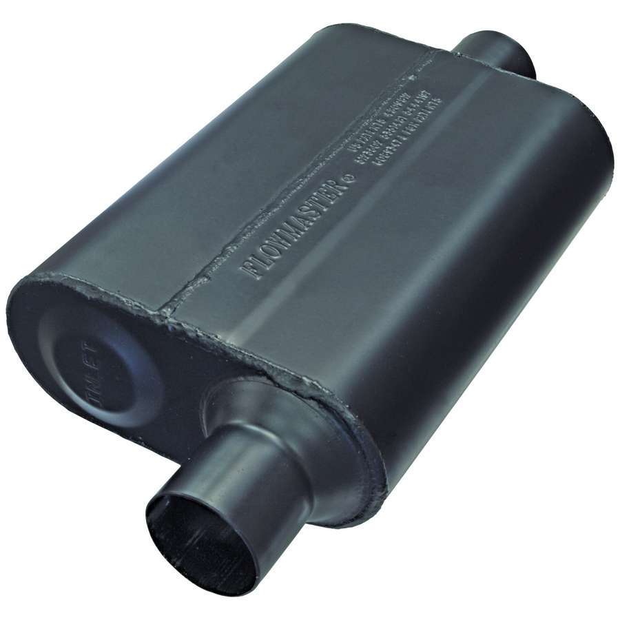 Flowmaster Super 44 Series Muffler Part 942446 with 2.25 Inch Offset Inlet and Center Outlet, 13 x 9.75 x 4 Inch Oval Steel Body, Black Finish