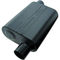 Flowmaster Super 44 Series Muffler Part Number 942448, 2.25 Inch Offset Inlet and Outlet, 13 x 9.75 x 4 Inch Oval Steel Body, Black Finish