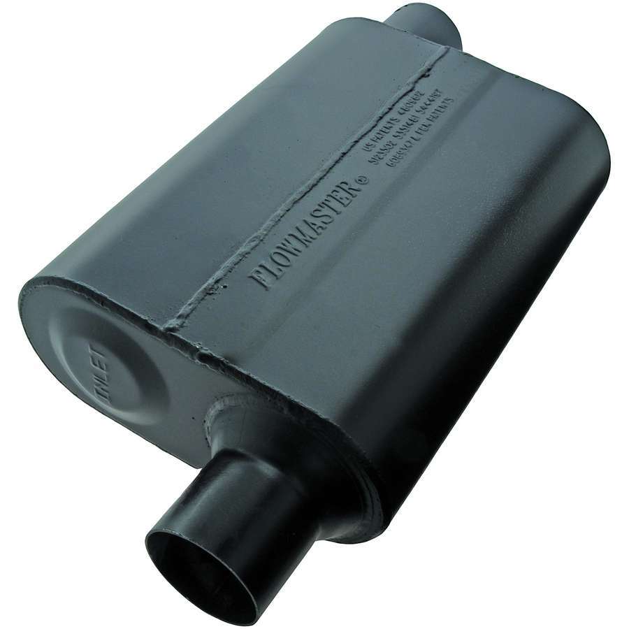 Flowmaster Super 44 Series Muffler Part Number 942448, 2.25 Inch Offset Inlet and Outlet, 13 x 9.75 x 4 Inch Oval Steel Body, Black Finish