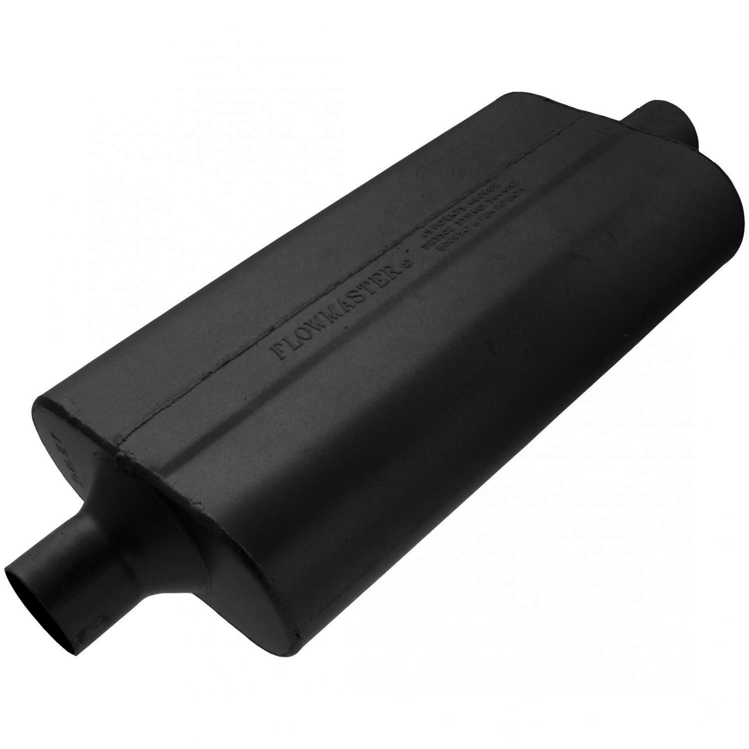Flowmaster 942450 50 Series Delta Flow Muffler with 2.25 Inch Inlet and Outlet, 17 x 9.75 x 4 Inch Oval Steel Body, Black Finish