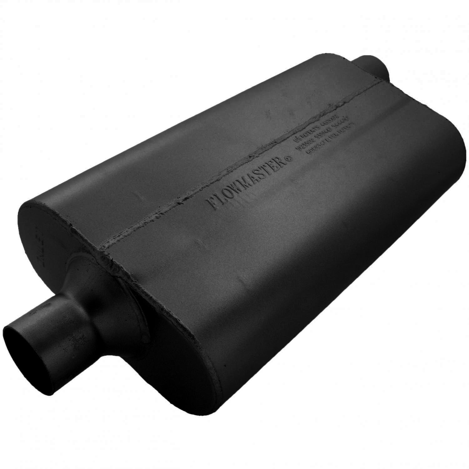 Flowmaster 942452 50 Series Delta Flow Muffler with 2.25 Inch Center Inlet and Offset Outlet, 17 x 9.75 x 4 Inch Oval Steel Body in Black Finish