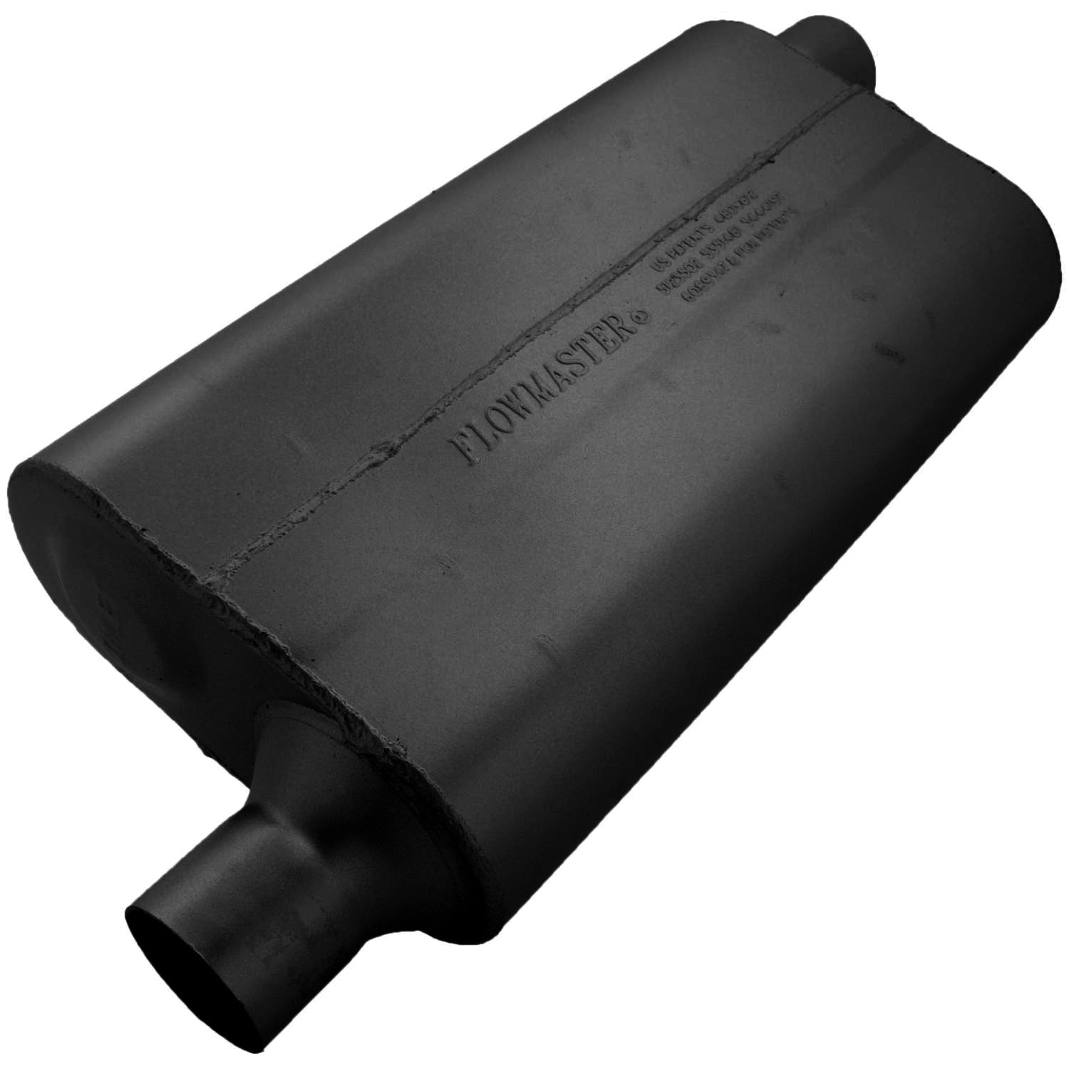 Flowmaster 942453 50 Series Delta Flow Muffler with 2.25 Inch Offset Inlet and Outlet, Oval Steel Body, Black Finish