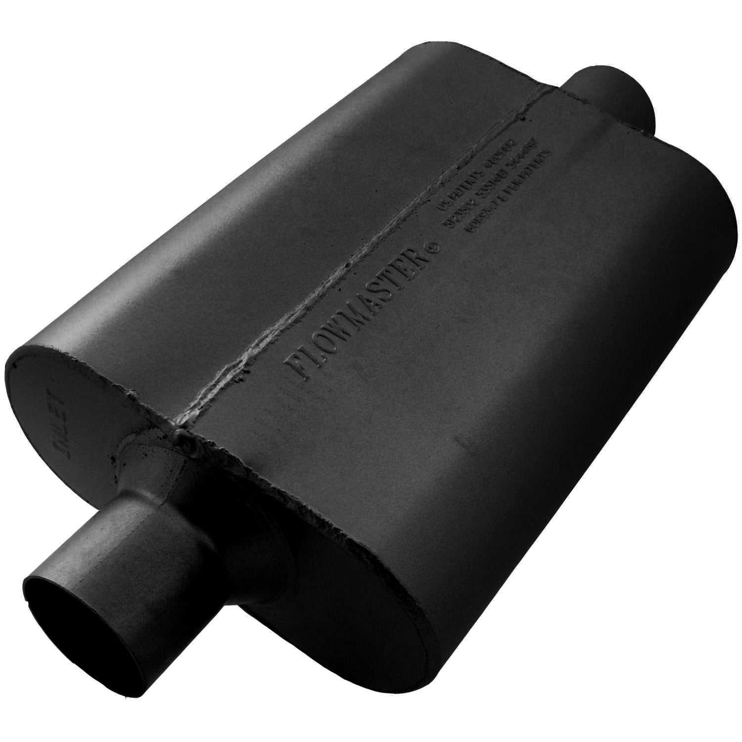 Flowmaster 942540 40 Series Delta Flow Muffler with 2.5 Inch Inlet and Outlet, 13 x 9.75 x 4 Inch Oval Steel Body, Black Finish