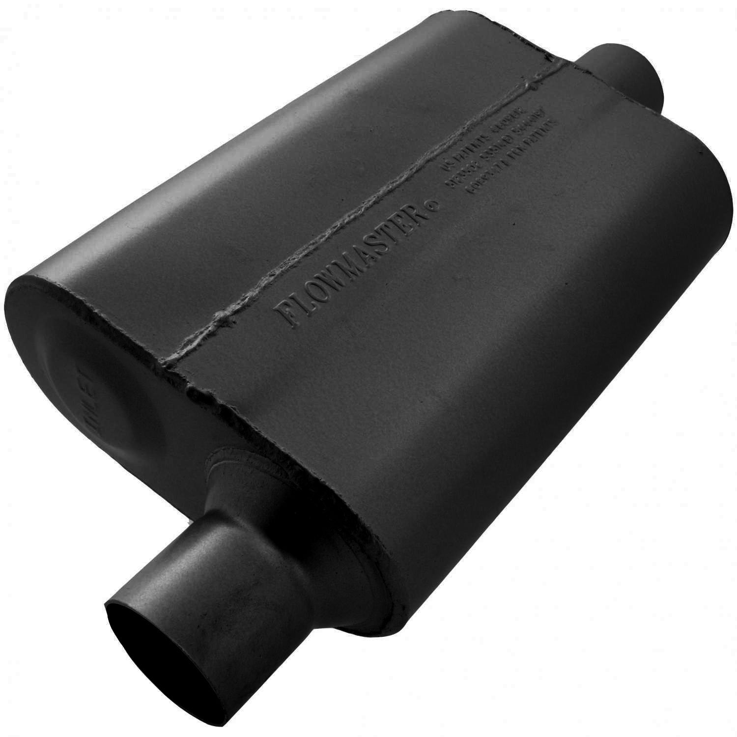Flowmaster 942541 40 Series Delta Flow Muffler with 2.5 Inch Offset Inlet and Center Outlet, 13 x 9.75 x 4 Inch Oval Steel Body, Black Finish