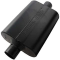 Flowmaster Super 44 Series Muffler Part Number 942545 with 2.5 Inch Inlet and Outlet, 13 x 9.75 x 4 Inch Oval Steel Body, Black Finish
