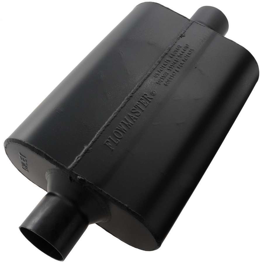 Flowmaster Super 44 Series Muffler Part Number 942545 with 2.5 Inch Inlet and Outlet, 13 x 9.75 x 4 Inch Oval Steel Body, Black Finish