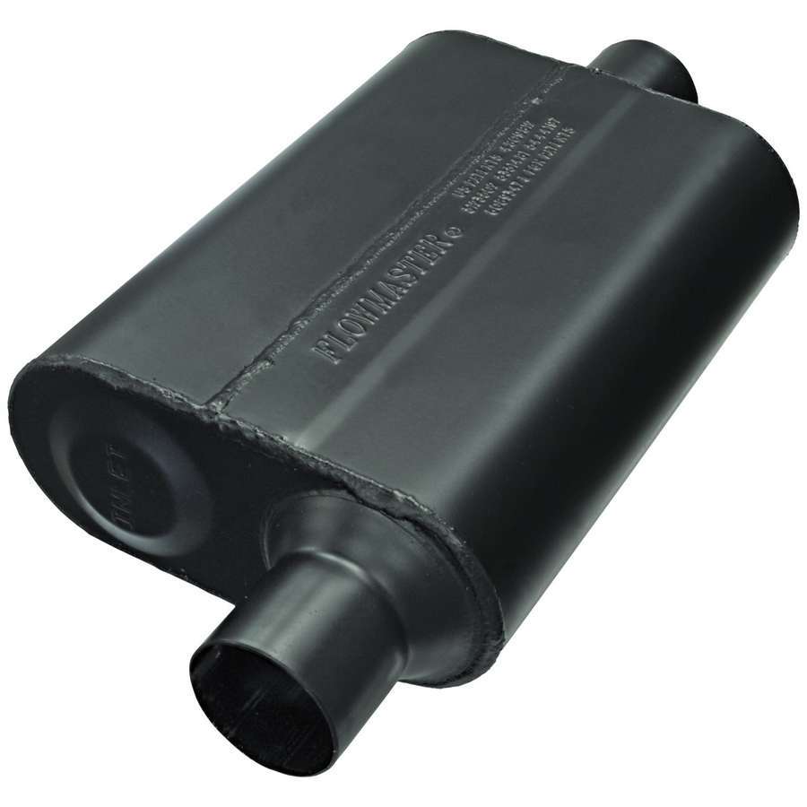 Flowmaster Super 44 Series Muffler Part Number 942546 with 2.5 Inch Offset Inlet and Center Outlet, Steel Black Finish