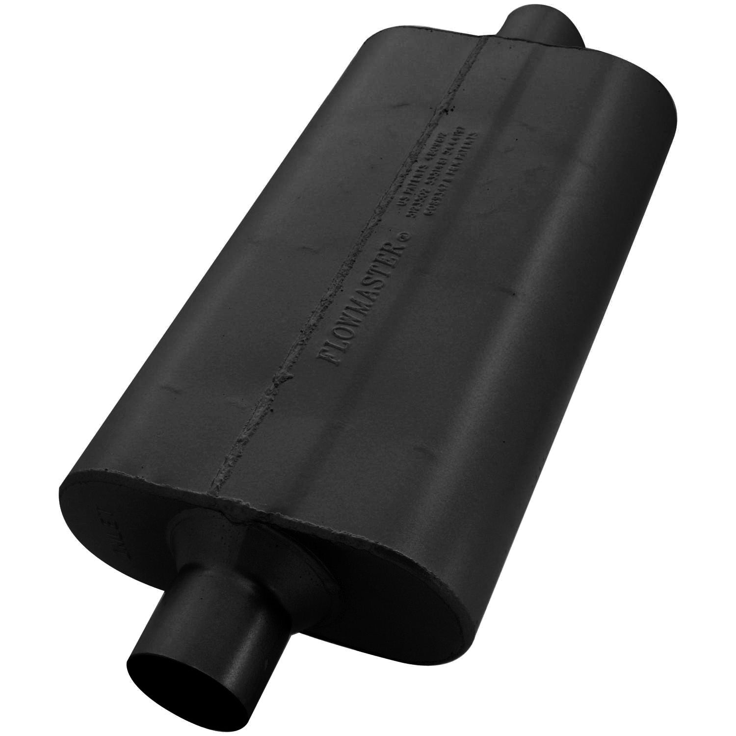 Flowmaster 942550 50 Series Delta Flow Muffler, 2.5 Inch Inlet and Outlet, Oval Steel Body, Black Finish