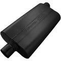 Flowmaster 942552 50 Series Delta Flow Muffler with 2.5-Inch Center Inlet and Offset Outlet, Oval Body, Black Steel Finish