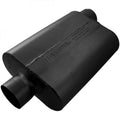 Flowmaster 943042 40 Series Delta Flow Muffler with 3 Inch Center Inlet and Offset Outlet, 13 x 9.75 x 4 Inch Oval Steel Body, Black Finish