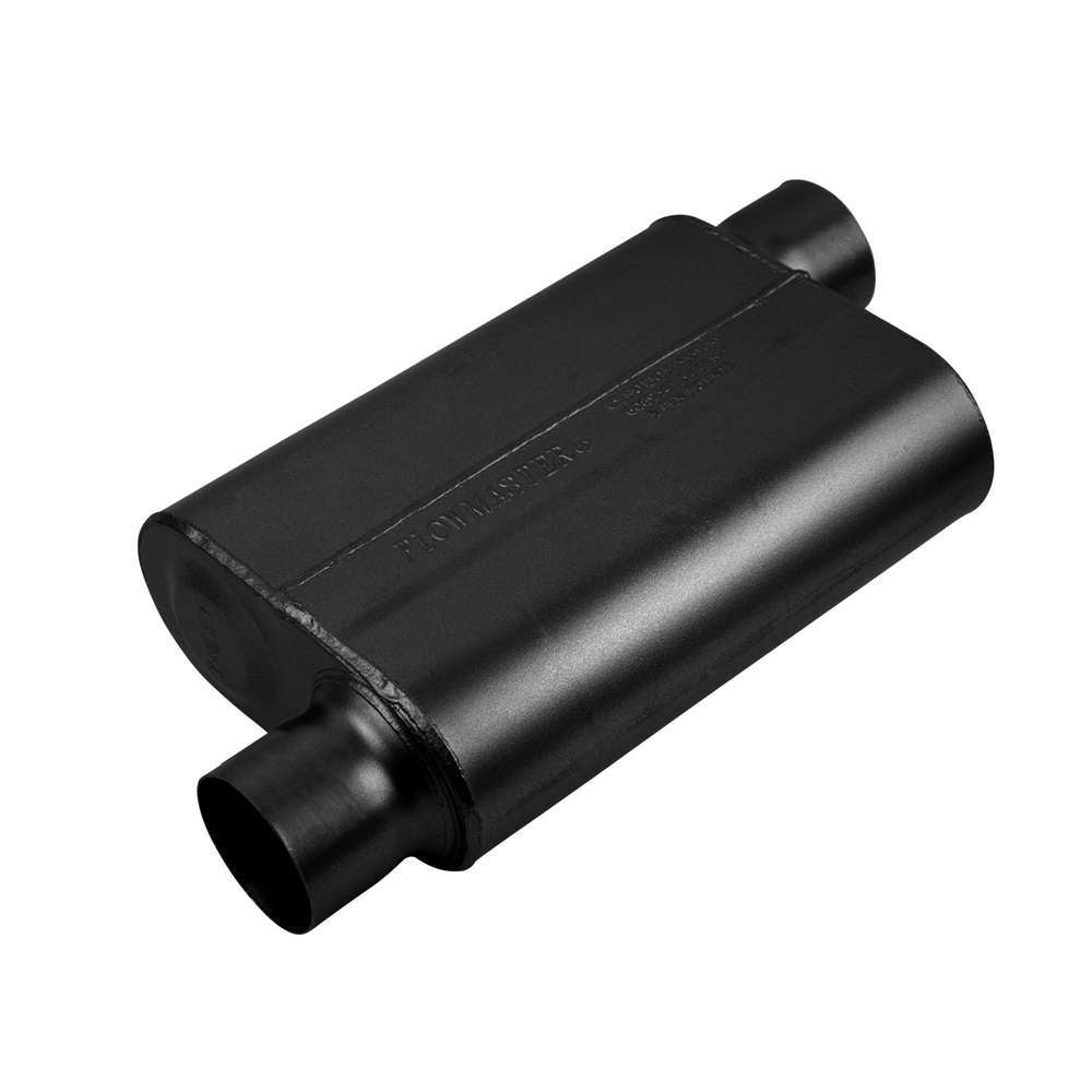 Flowmaster 943043 40 Series Delta Flow Muffler with 3-Inch Offset Inlet and Outlet, 13 x 9.75 x 4-Inch Oval Steel Body, Black Finish