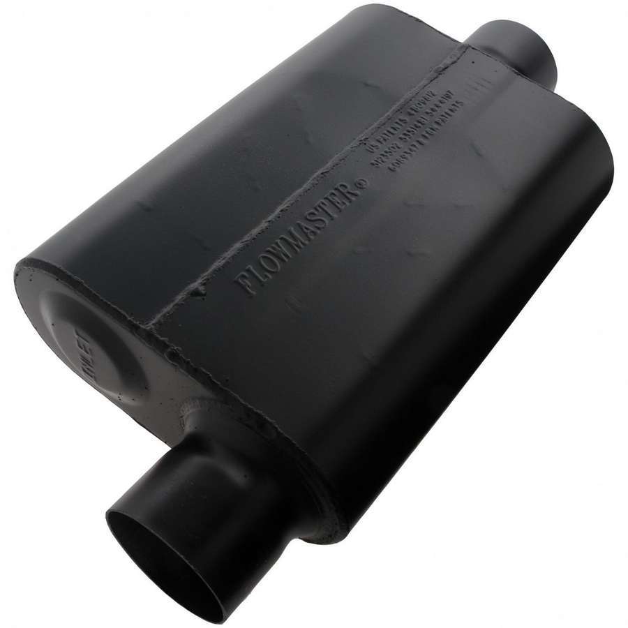 Flowmaster Super 44 Series Muffler Part 943046 with 3 Inch Offset Inlet and Center Outlet, 13 x 9.75 x 4 Inch Oval Steel Body in Black Finish
