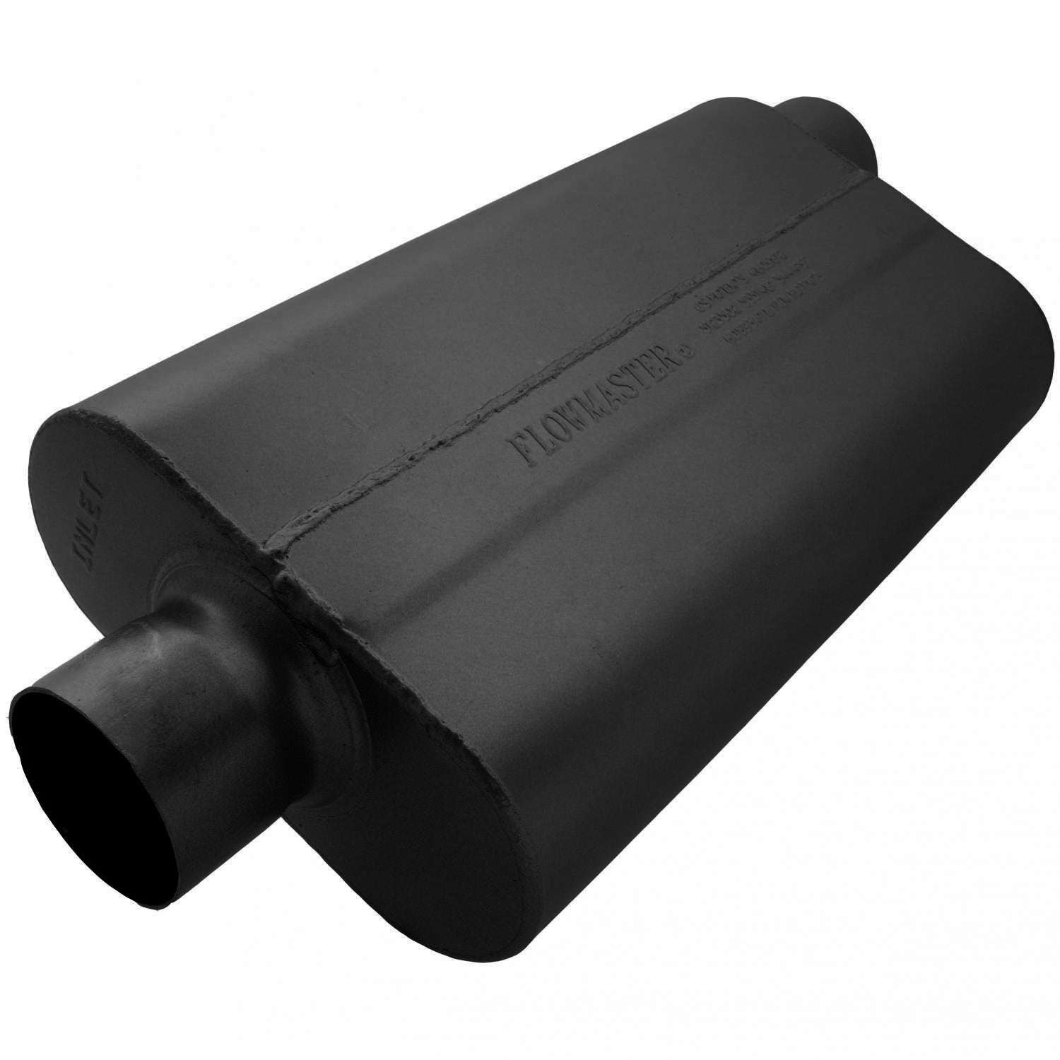 Flowmaster 943052 50 Series Delta Flow Muffler with 3 Inch Center Inlet and Offset Outlet, 17 x 9.75 x 4 Inch Oval Steel Body, Black Paint Finish