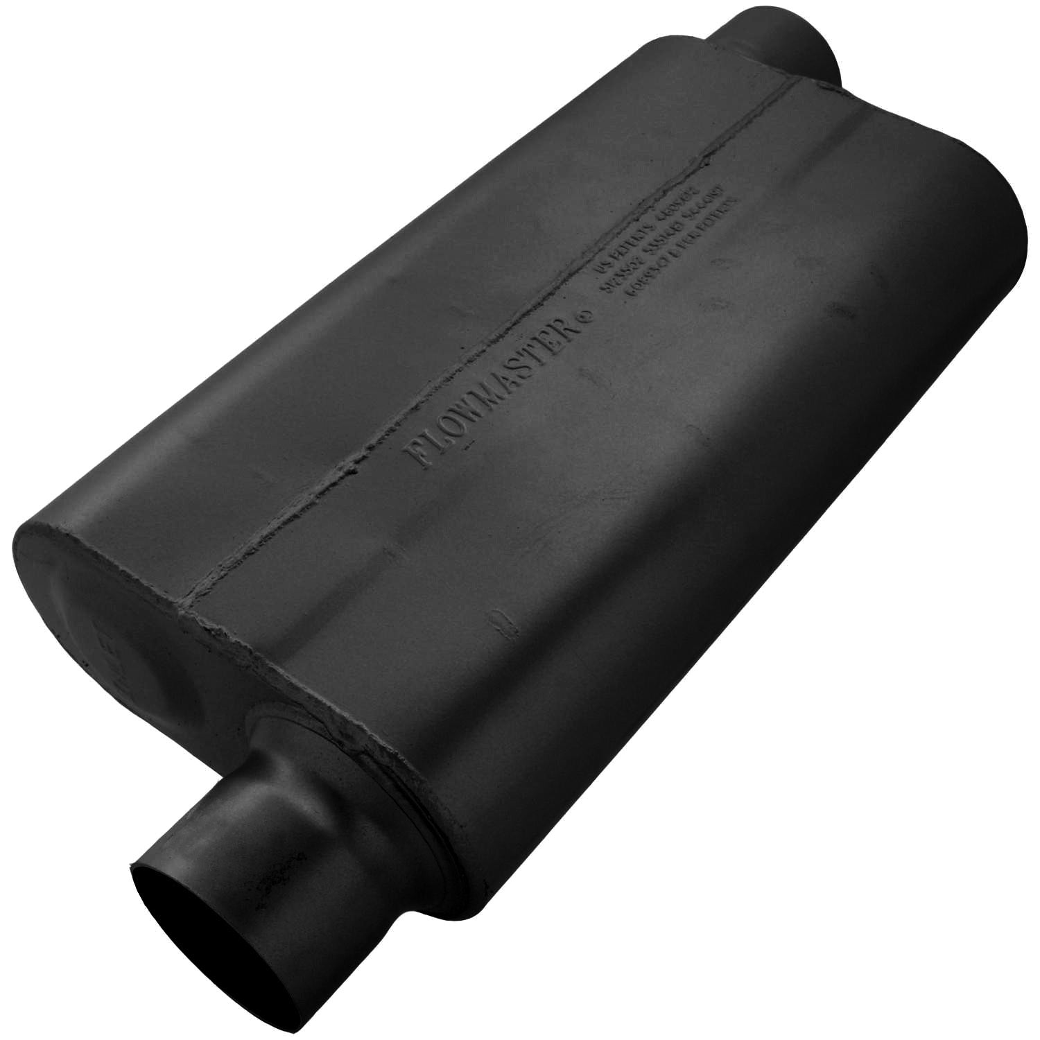 Flowmaster 943053 50 Series Delta Flow Muffler with 3 Inch Offset Inlet and Outlet, 17 x 9.75 x 4 Inch Oval Steel Body, Black Finish