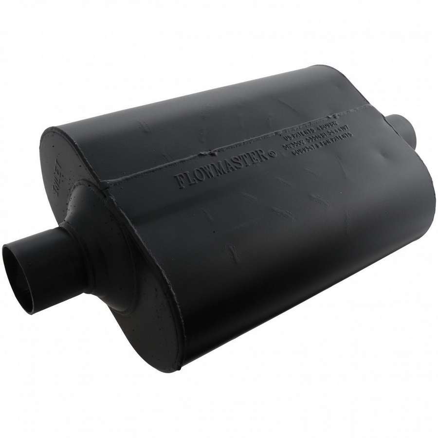 Flowmaster Super 40 Series Muffler Part Number 952445 with 2.25 Inch Inlet and Outlet, 13.5 x 10 x 5 Inch Oval Steel Body, Black Finish