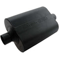 Flowmaster Super 40 Series Muffler Part Number 952545 with 2.5 Inch Inlet and Outlet, 13.5x10x5 Inch Oval Steel Body, Black Finish