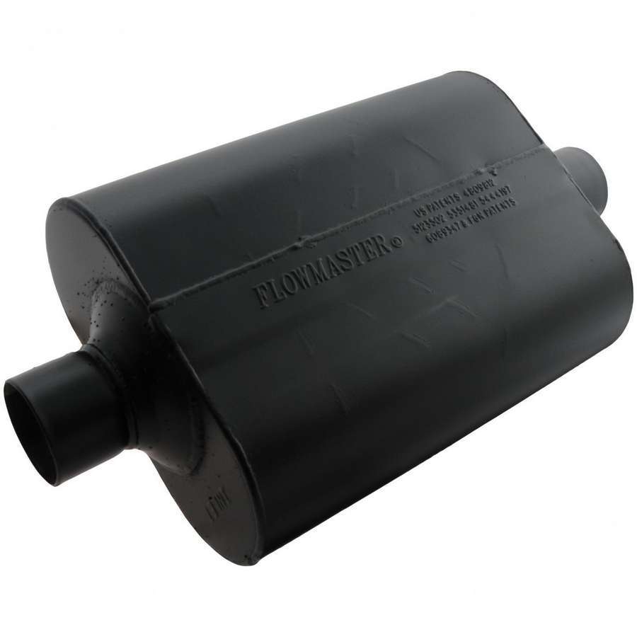 Flowmaster Super 40 Series Muffler Part Number 952545 with 2.5 Inch Inlet and Outlet, 13.5x10x5 Inch Oval Steel Body, Black Finish