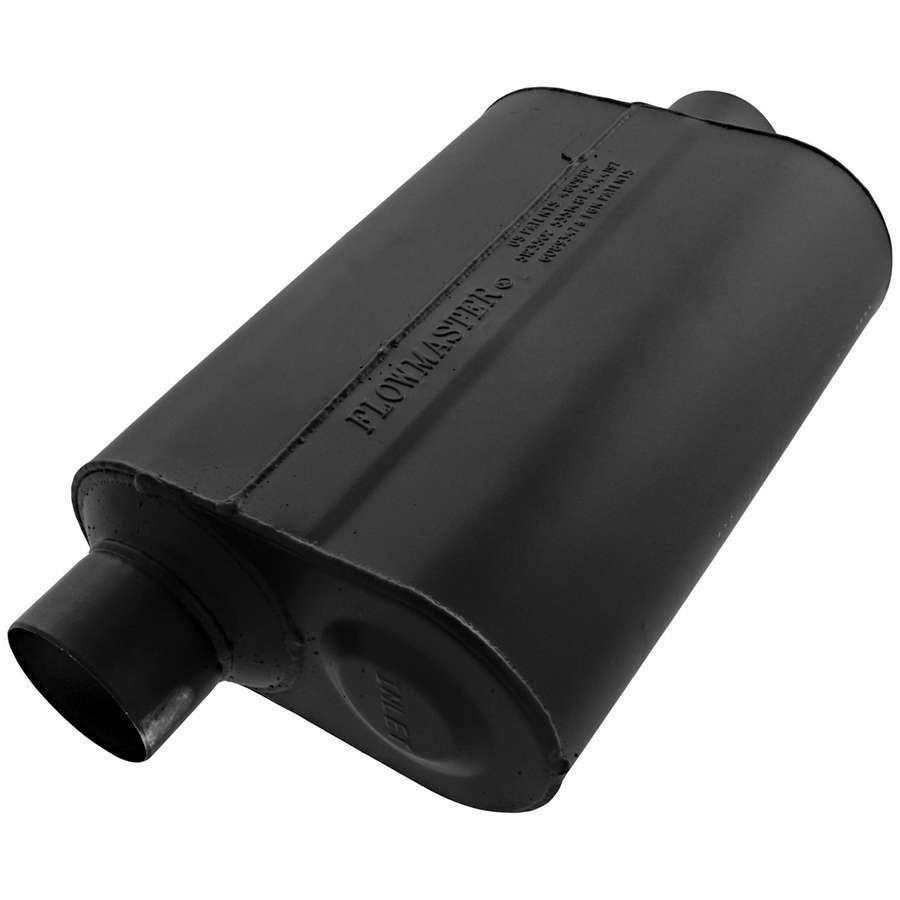Flowmaster Super 40 Series Muffler Part Number 952546 with 2.5 Inch Offset Inlet and Center Outlet, 13.5 x 10 x 5 Inch Oval Steel Body, Black Finish