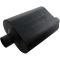 Flowmaster Super 40 Series Muffler Part Number 952547 with 2.5 Inch Center Inlet and Offset Outlet, 13.5 x 10 x 5 Inch Oval Steel Body, Black Finish
