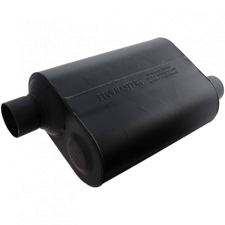 Flowmaster 952548 Super 40 Series Muffler with 2.5 Inch Offset Inlet and Outlet, 13.5 x 10 x 5 Inch Oval Steel Body, Black Finish