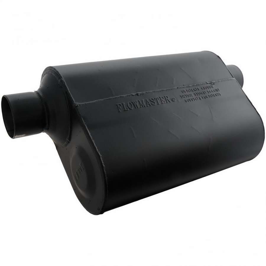 Flowmaster Super 40 Series Muffler Part No. 952549 with 2.5 Inch Offset Inlet and Outlet, 13.5 x 10 x 5 Inch Oval Steel Body, Black Finish