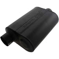 Flowmaster Super 40 Series Muffler Part Number 953046 with 3 Inch Offset Inlet and Center Outlet, 13.5 x 10 x 5 Inch Oval Steel Body, Black Finish