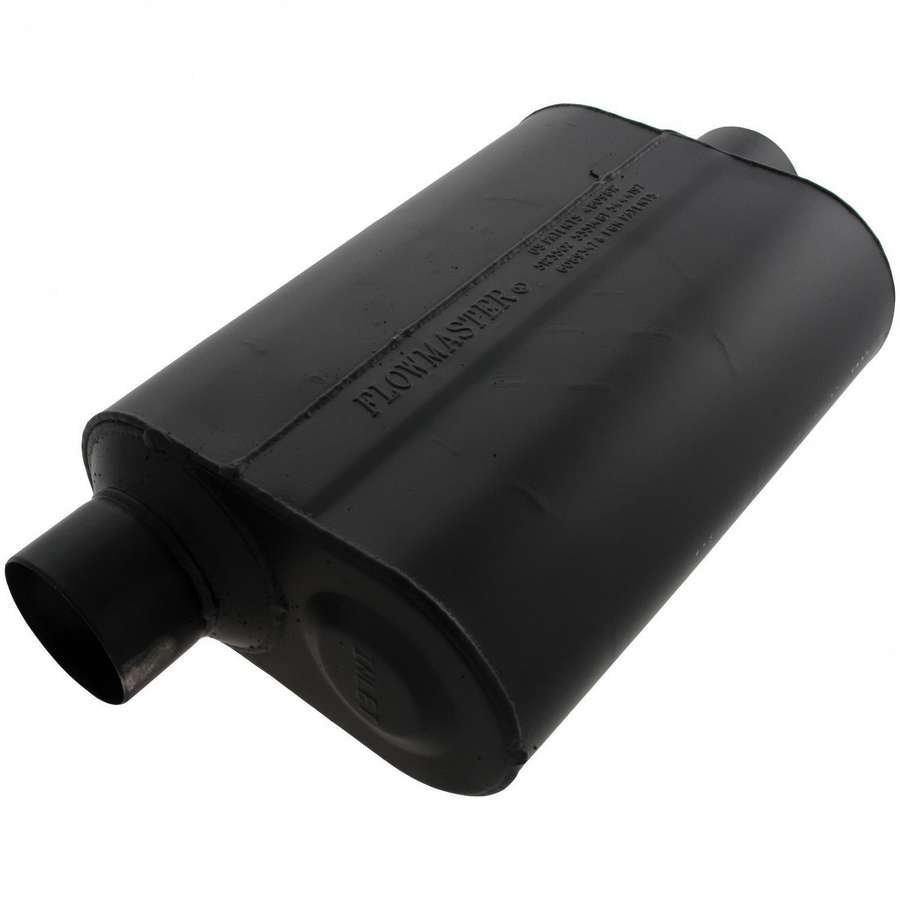 Flowmaster Super 40 Series Muffler Part Number 953046 with 3 Inch Offset Inlet and Center Outlet, 13.5 x 10 x 5 Inch Oval Steel Body, Black Finish