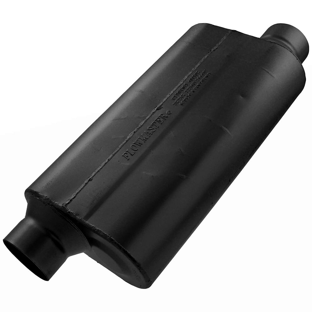Flowmaster 953558 50 Series Delta Flow Muffler with 3.5 Inch Offset Inlet and Outlet, 18 x 10 x 5 Inch Oval Steel Body, Black Finish