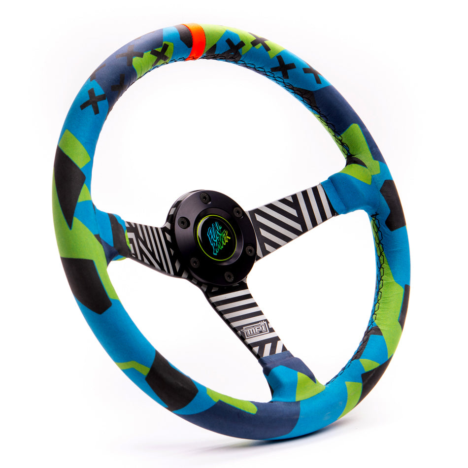MPI USA MPI-DO-H60-VGJ/G Vaughn Gittin Jr. Drift Steering Wheel, 13.75 Inch Diameter, 3-Spoke Design, Black and Blue Leather Grip with Green Accents