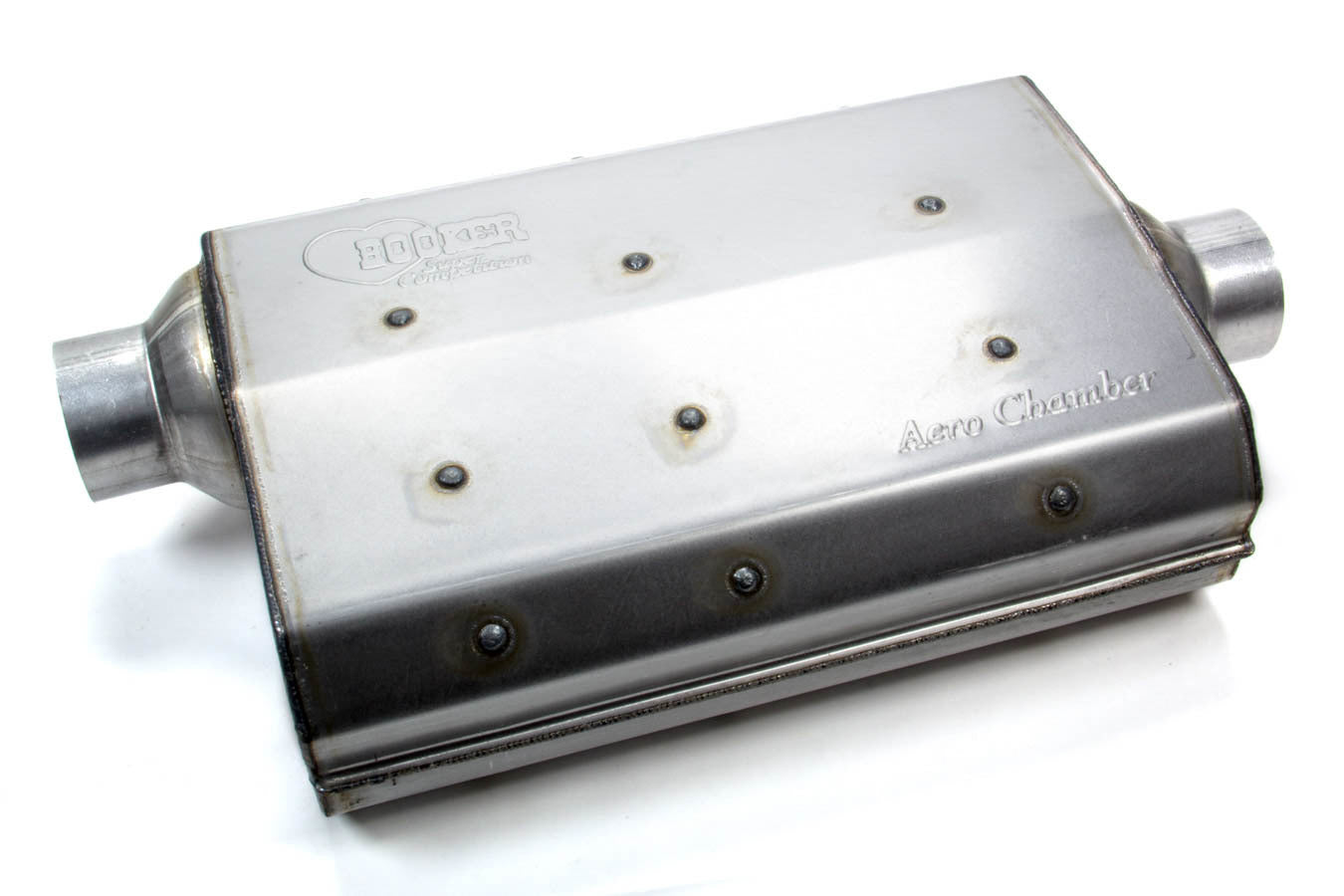 Hooker 21502HKR Aero Chamber Muffler with 2.5 Inch Offset Inlet and Center Outlet, 14x10.25x4.75 Inch Oval Steel Body
