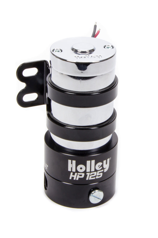 Holley 12-125 HP Series Billet Base Electric Fuel Pump, Inline, 125 GPH at 7 PSI, 3/8 in NPT Female Inlet and Outlet, Black and Chrome Finish