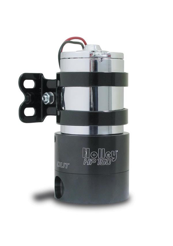 Holley 12-150 Billet Base Electric HP Fuel Pump with Regulator, In-Line, 140 GPH at 7 PSI, 3/8 Inch NPT Female Fittings, Black and Chrome Finish