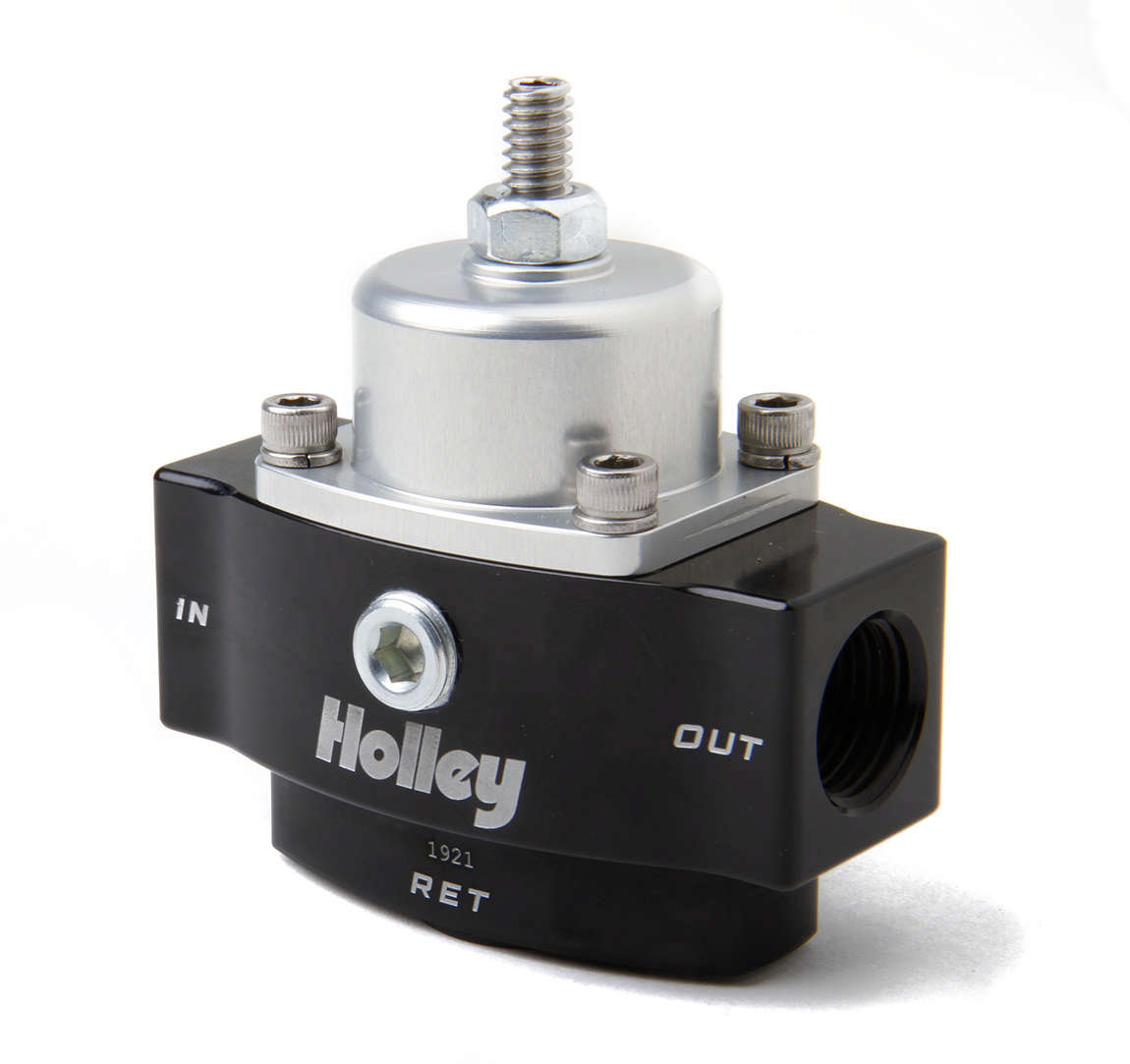 Holley HP Billet Fuel Pressure Regulator with Bypass, 4.5 to 9 PSI, In-Line, 3/8 Inch NPT Ports, Aluminum Finish