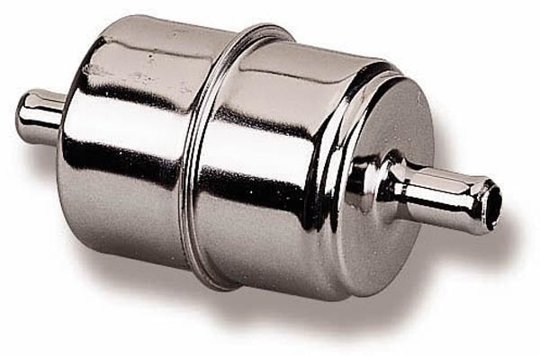 Holley 162-523 In-Line Fuel Filter, 3/8 Inch Hose Barb, 40 Micron Paper Element, Steel with Chrome Finish