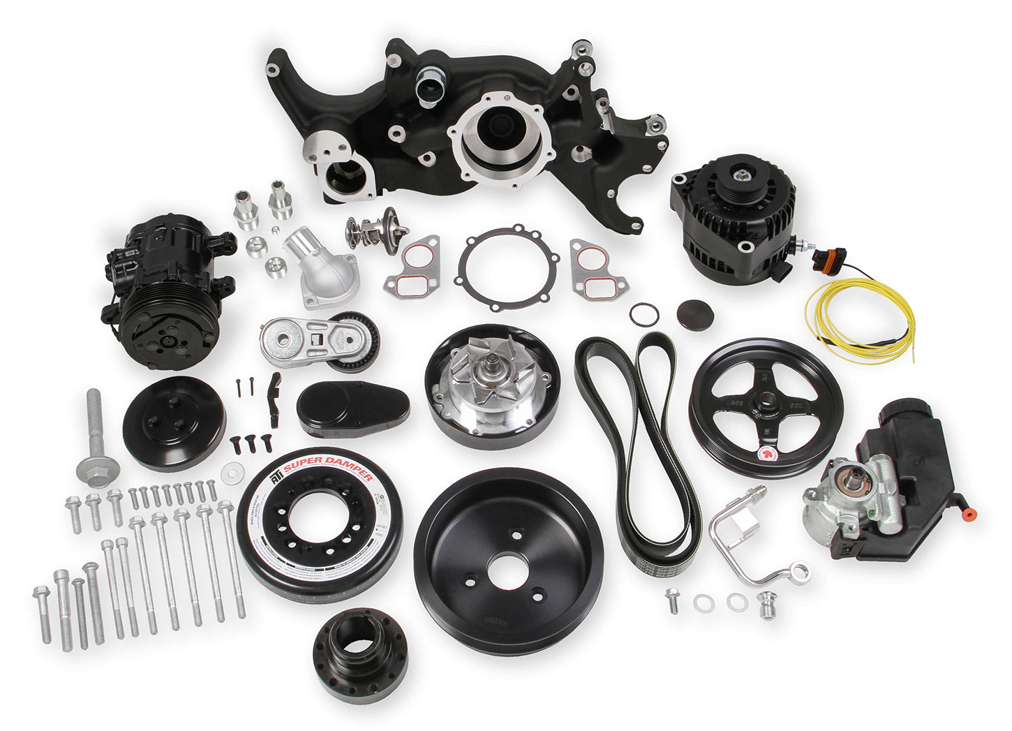 Holley GM LS Series Mid Mount Complete Accessory Kit 6-Rib Serpentine Pulley in Black, Part Number 20-180BK