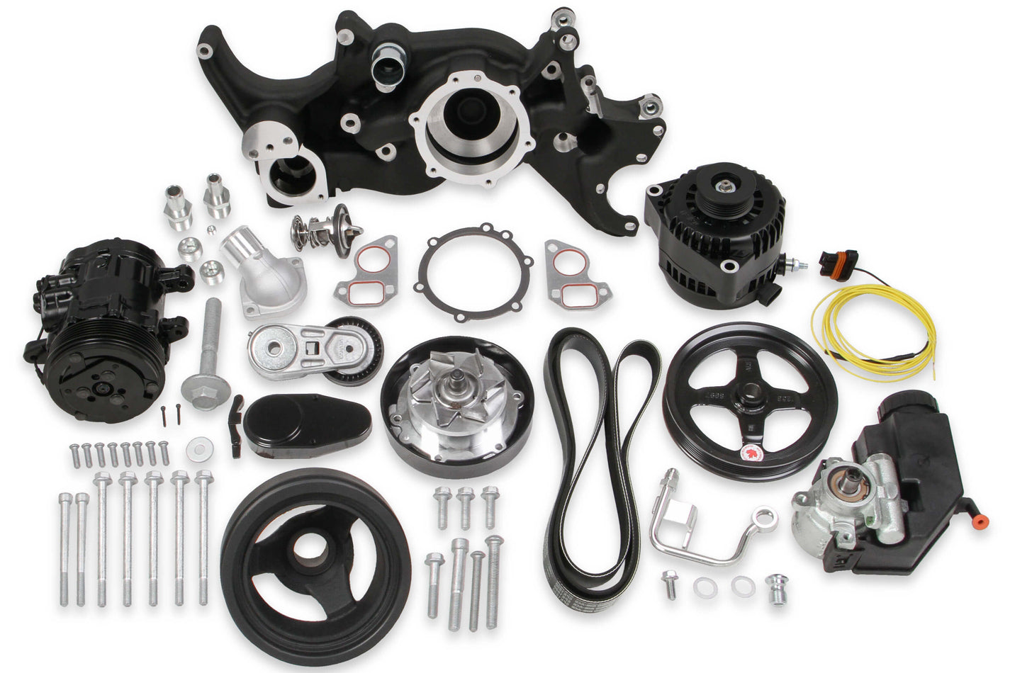 Holley 20-185BK LS Series Mid-Mount Complete Engine Accessory System with 6-Rib Serpentine Pulley Kit, Cast Aluminum, Black Finish
