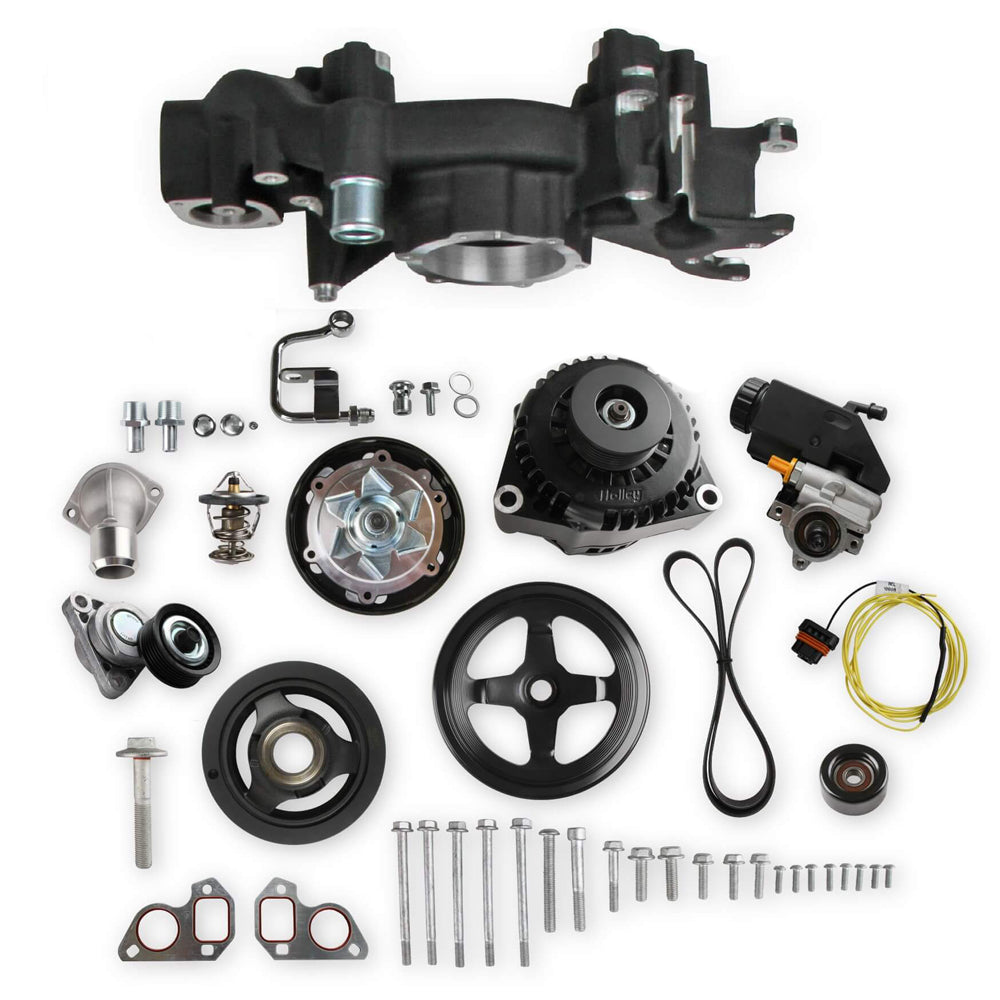 Holley 20-186BK Mid Mount Accessory System for GM LS Engines with 6-Rib Serpentine Pulley Kit in Black