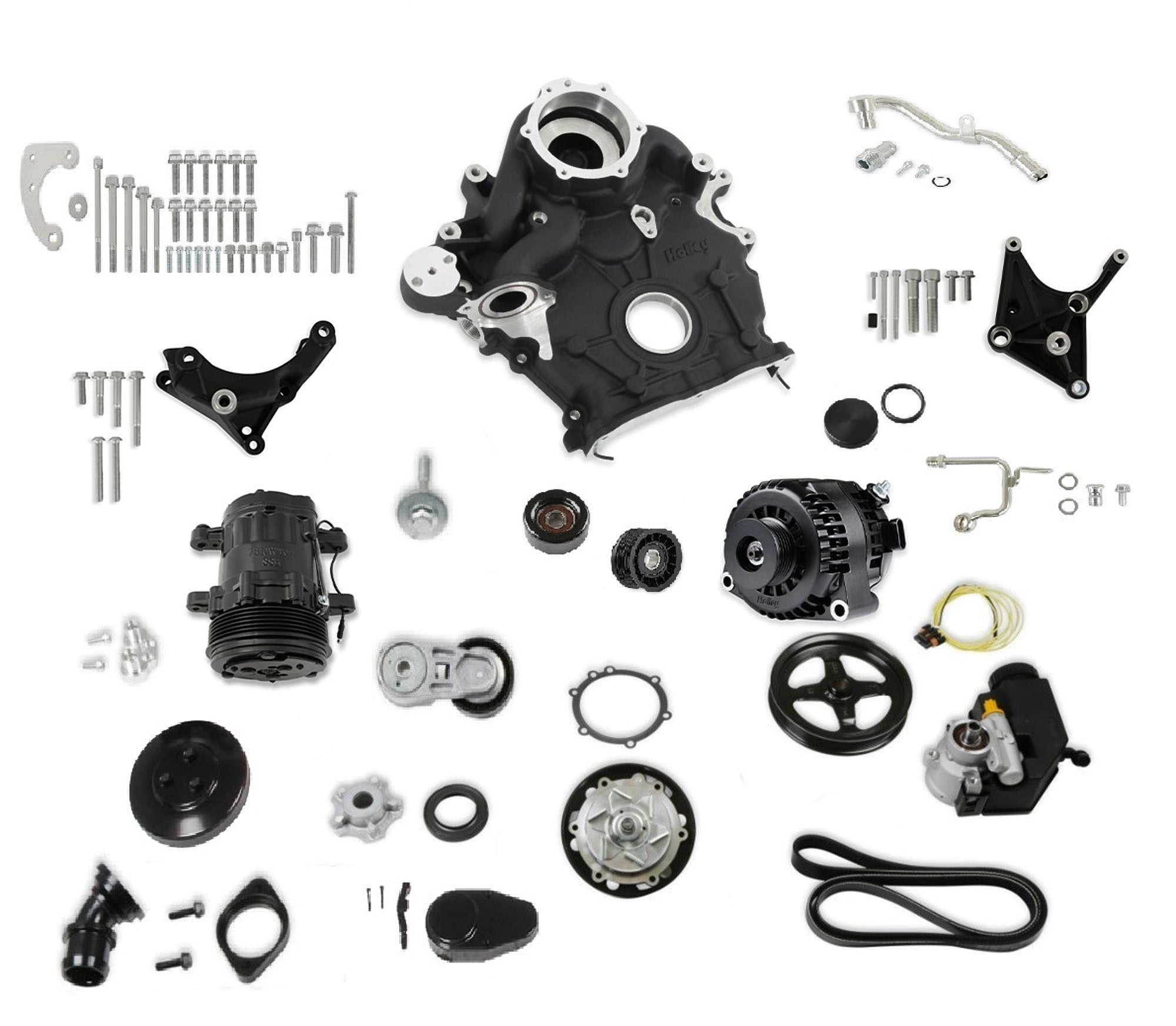 Holley 20-310BK Complete Accessory Drive Kit for Ford 7.3L Godzilla with 6-Rib Serpentine Steel Pulley Set in Black