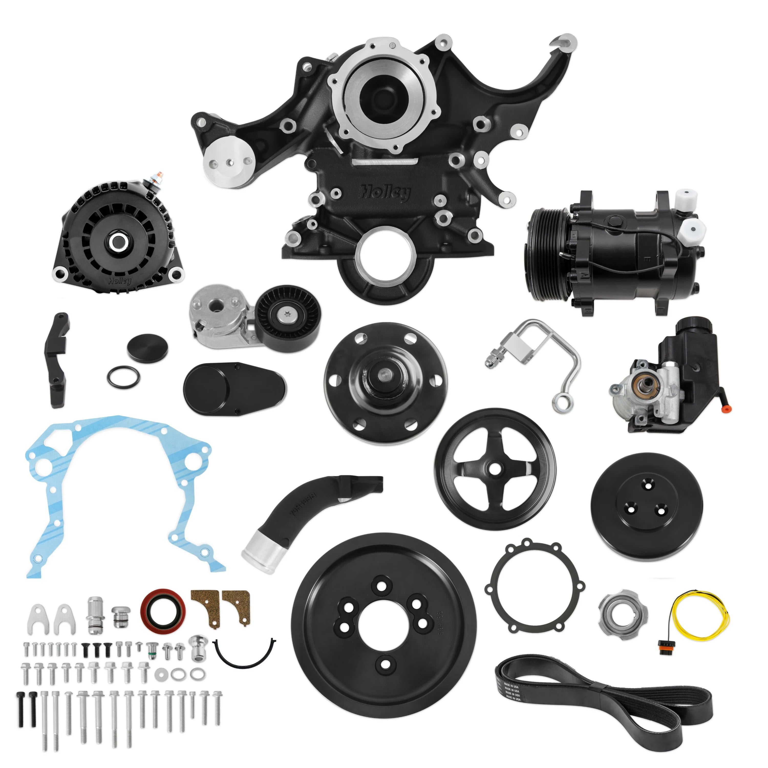 Holley 20-370BK Mid-Mount Accessory Drive System for Small Block Ford, 6-Rib Serpentine Belt, Steel with Black Powder Coat Finish