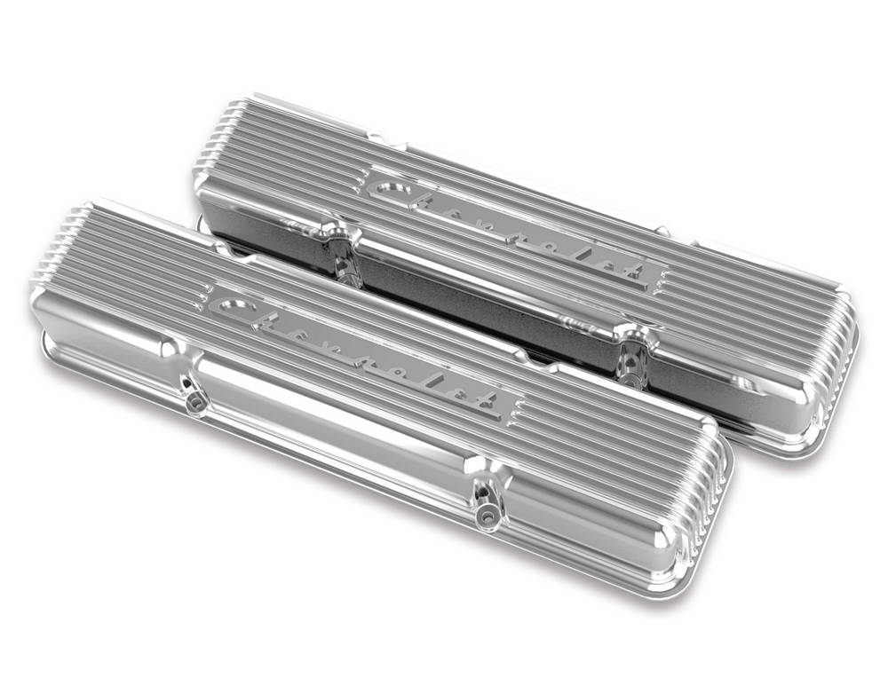 Holley 241-107 Vintage Series Finned Aluminum Valve Cover for Small Block Chevy, Polished Finish, Tall Design, Pair