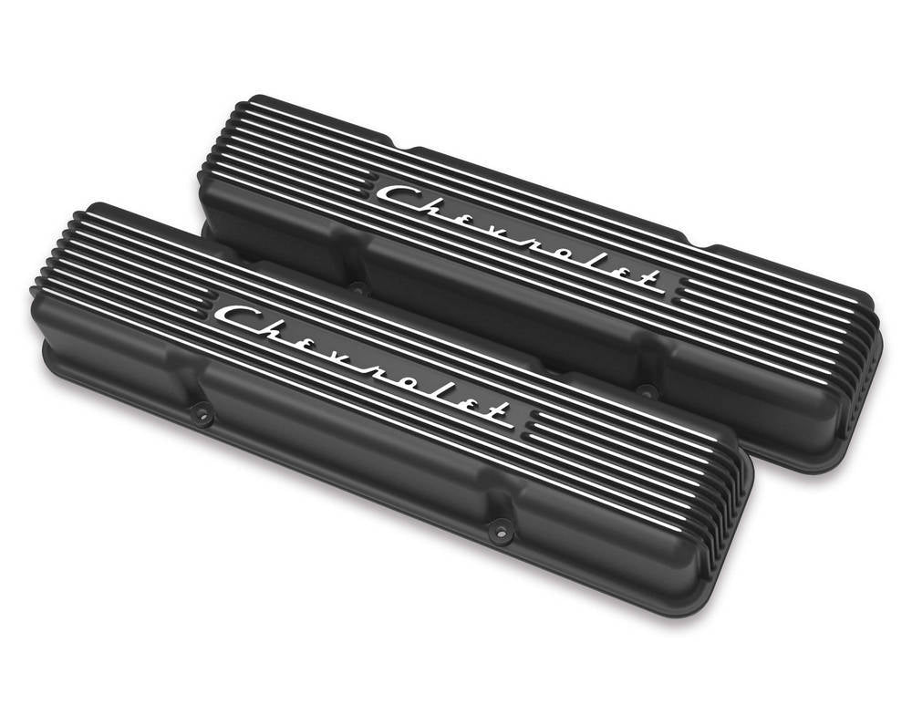 Holley 241-108 Vintage Series Finned Aluminum Valve Cover for Small Block Chevy in Satin Black, Tall Design with Chevy Logo, Pair
